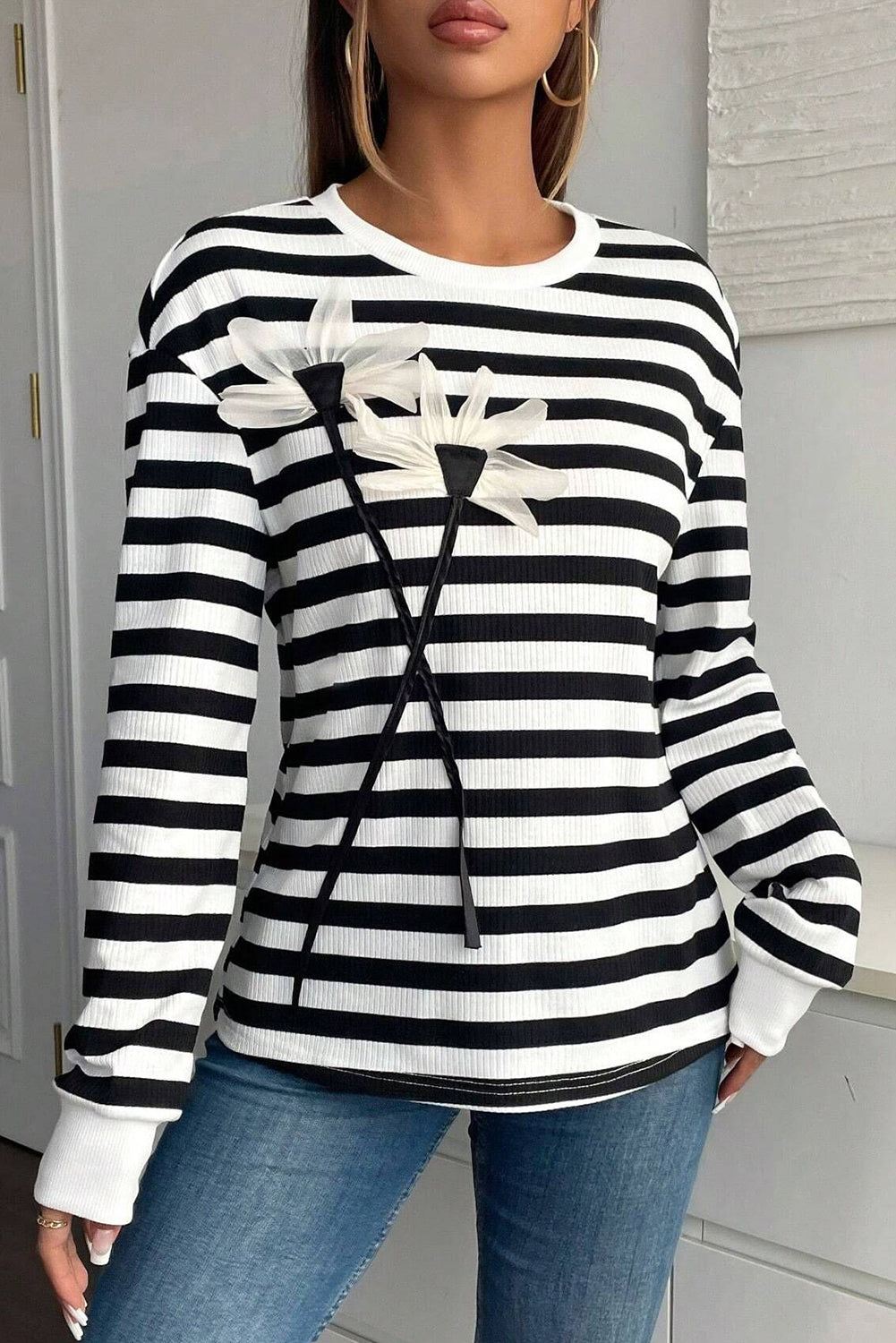 B&W Striped Floral Applique Long Sleeve Top