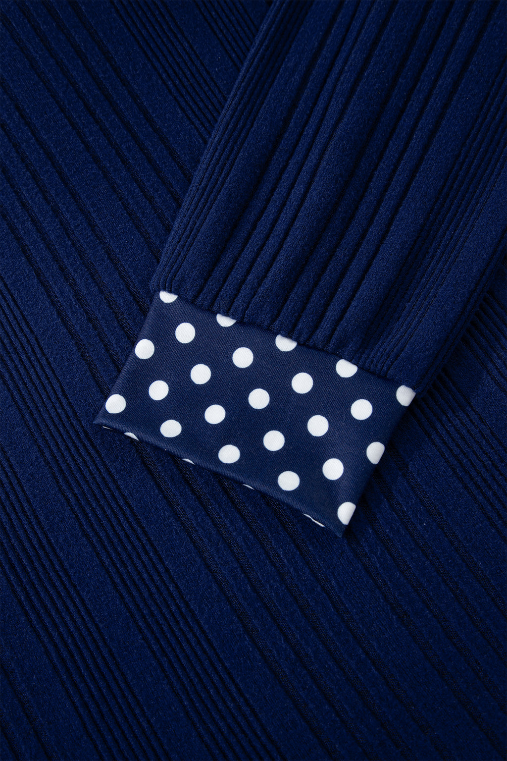 Dirty blue Polka Dot Trimmed V Neck Bow Tie Textured Ribbed Top Dear-Lover Dropshipping Tops/Long Sleeve Tops