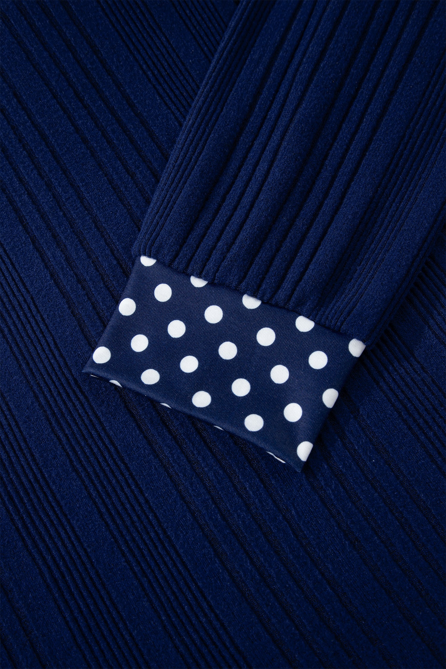 Dirty blue Polka Dot Trimmed V Neck Bow Tie Textured Ribbed Top Dear-Lover Dropshipping Tops/Long Sleeve Tops