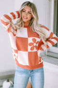 Checkered Floral Print Striped Sleeve Sweater Orange 100%Polyester Bazaare Mart Long Sleeve Pullover Sweater
