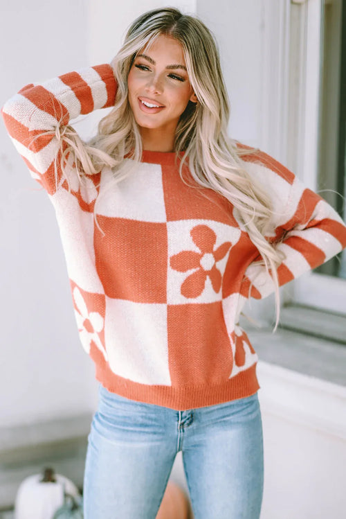 Checkered Floral Print Striped Sleeve Sweater Orange 100%Polyester Bazaare Mart Long Sleeve Pullover Sweater
