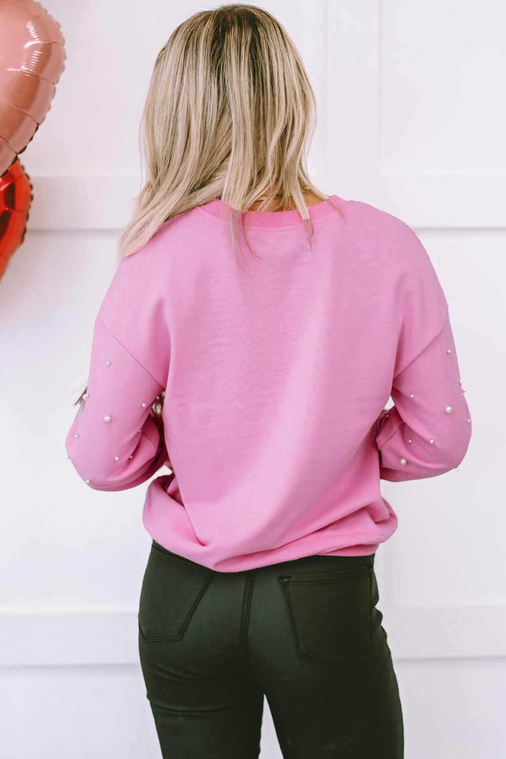 Pink Bonbon Pearl Detail Ribbed Crew Neck Sweatshirt