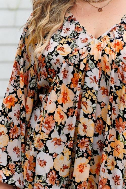 Brown Floral V-Neck Long Sleeve Blouse