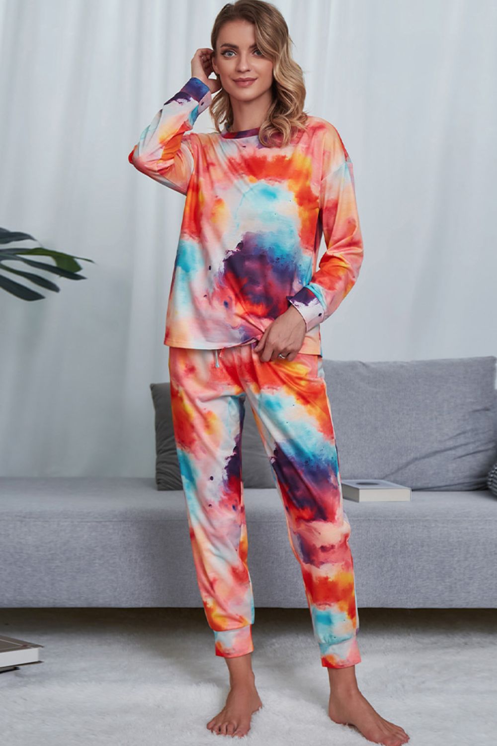 Colorful Tie-Dye Crewneck Long Sleeve Lounge Set