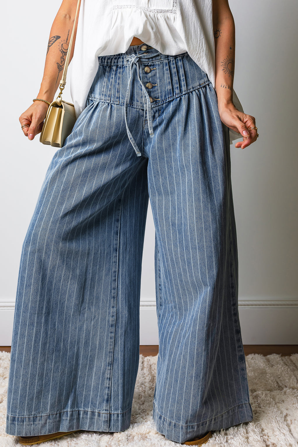Sky Blue Stripe Button Pleated Drawstring Waist Casual Wide Leg Jeans Dear-Lover Dropshipping Bottoms/Jeans