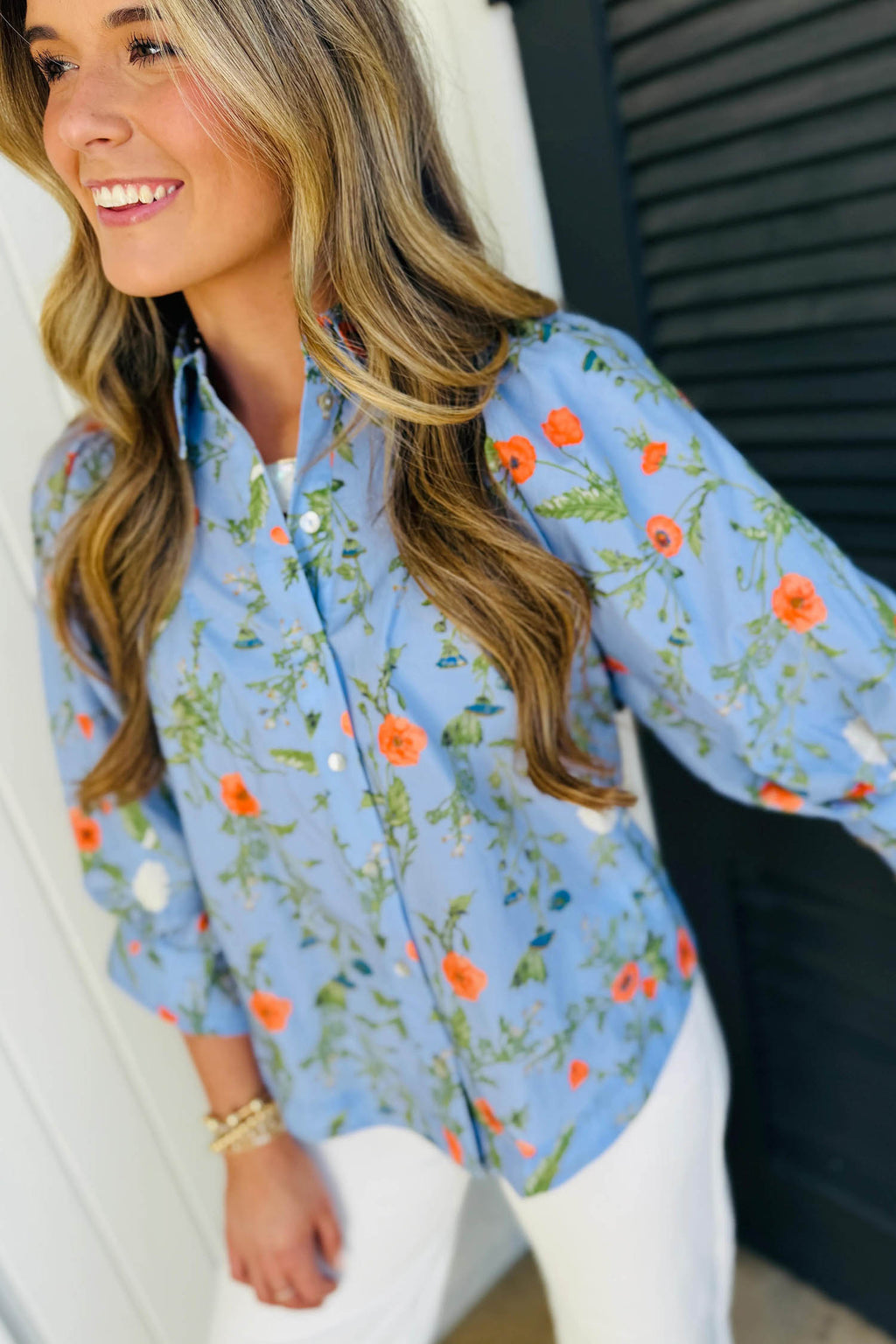 Sky Blue Floral Button-Down Blouse