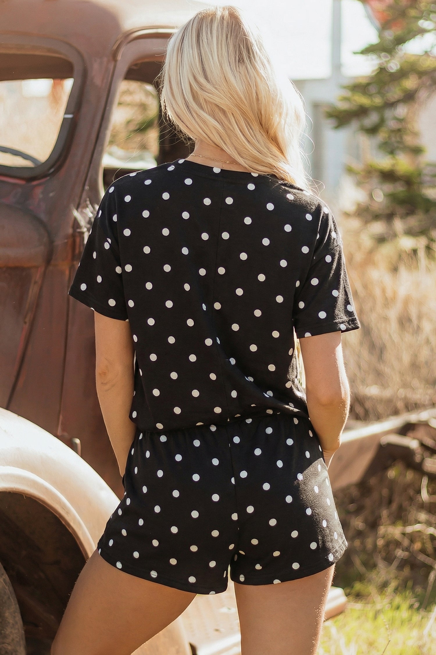 Women’s Polka Dot Shorts Set – Exposed Seam Tee & Drawstring Shorts Outfit Dear-Lover Dropshipping Two Piece Sets/Short Sets