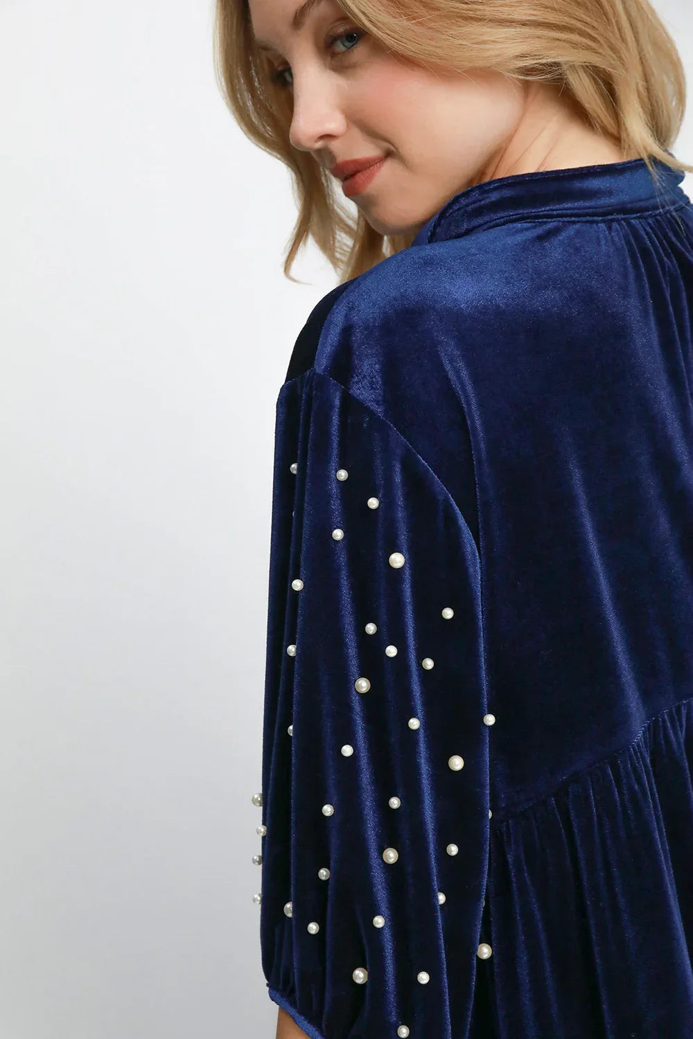 Umgee Pearl Detail Collared Neck Navy Velvet Blouse Bazaare Mart Pearl Detail Collared Neck Velvet Blouse