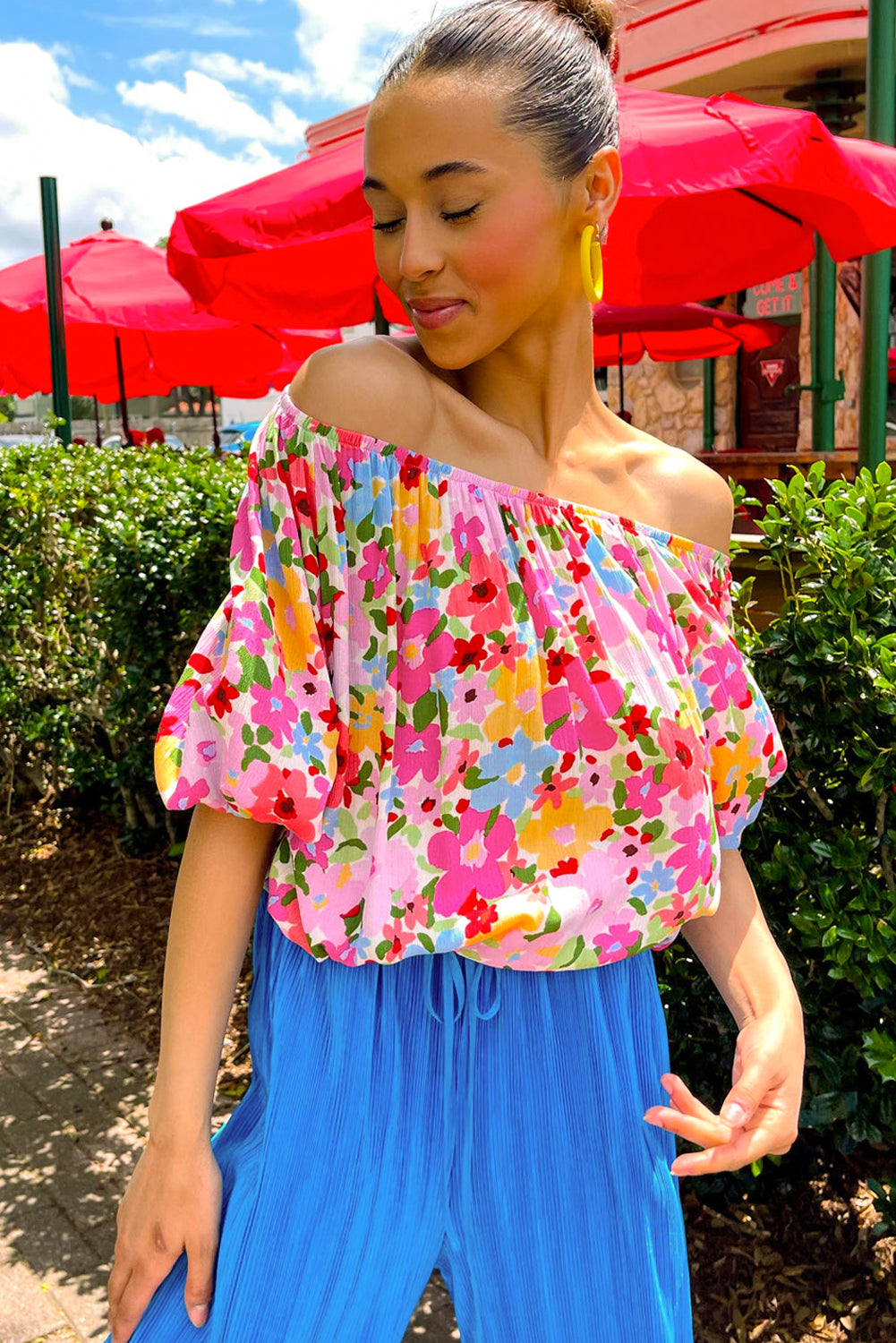 Bright Floral Puff Half Sleeve Pleated Elastic Neck Blouse