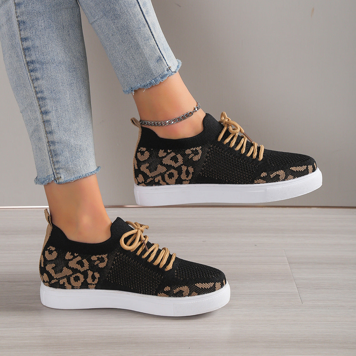 Leopard Flat Lace Up Sneakers