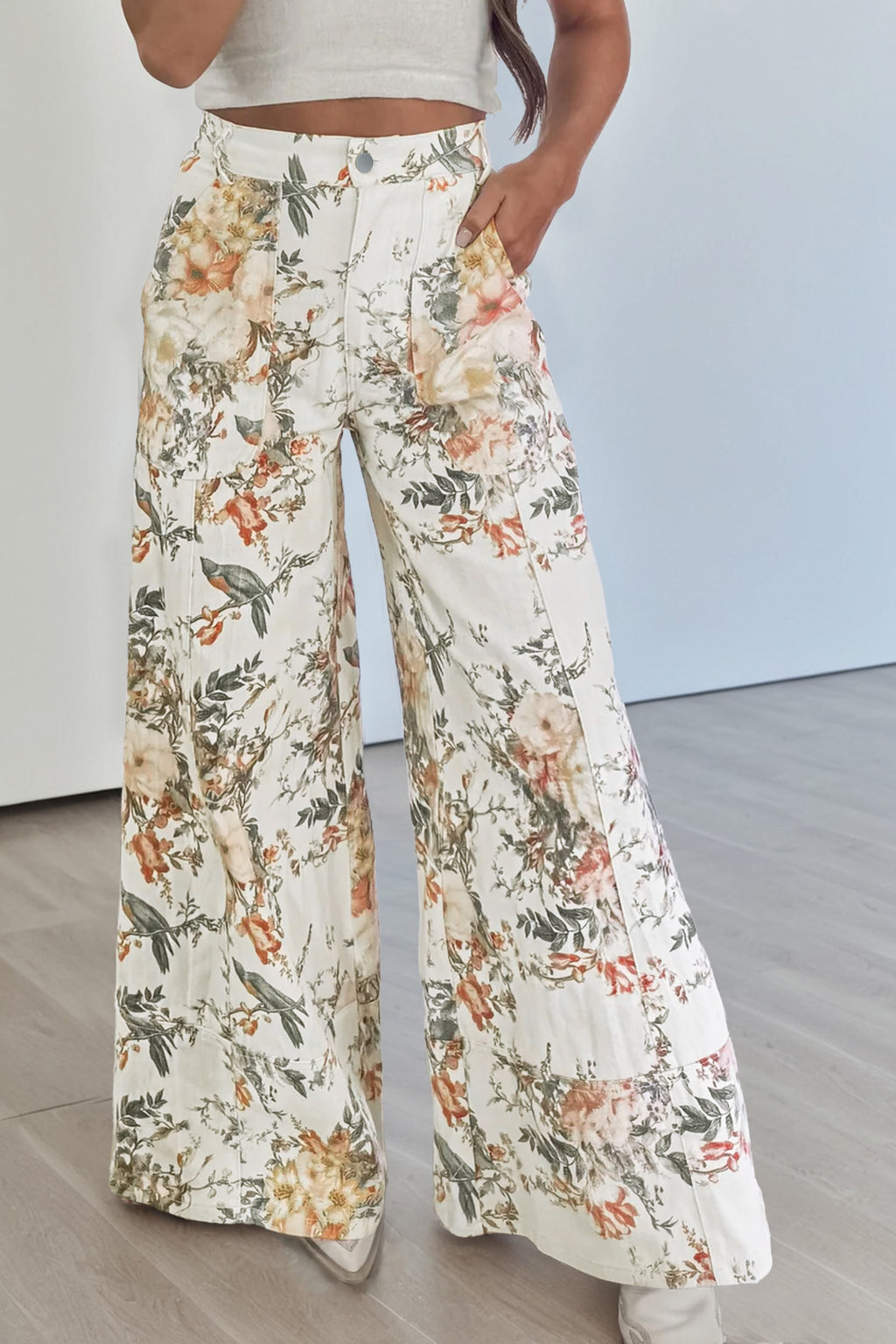 Vintage Floral Wide Leg Jeans – High Waist Retro Print Denim Pants Beige 72%Cotton+26%Polyester+2%Elastane Dear-Lover Dropshipping Bottoms/Jeans