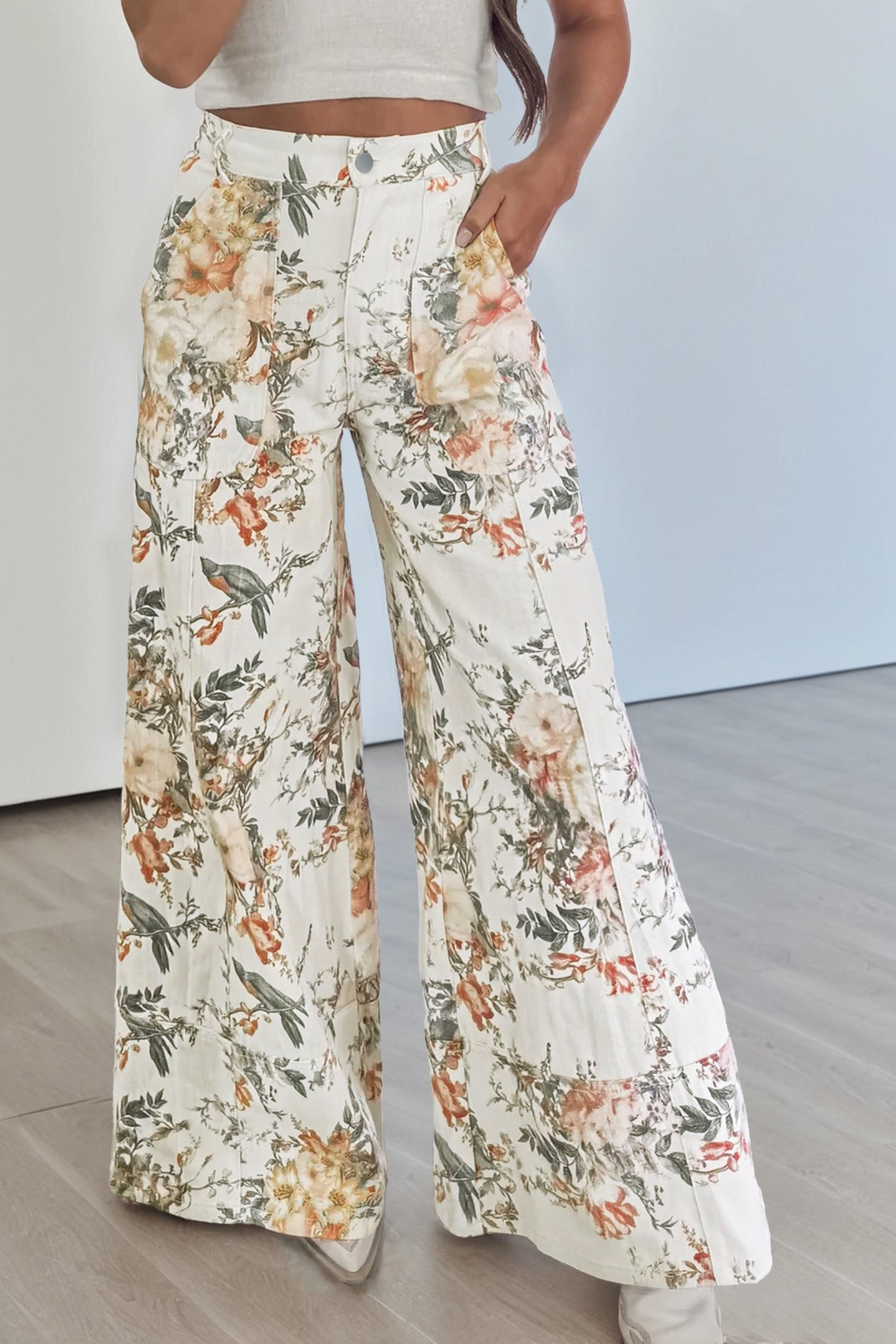 Vintage Floral Wide Leg Jeans – High Waist Retro Print Denim Pants Beige 72%Cotton+26%Polyester+2%Elastane Dear-Lover Dropshipping Bottoms/Jeans