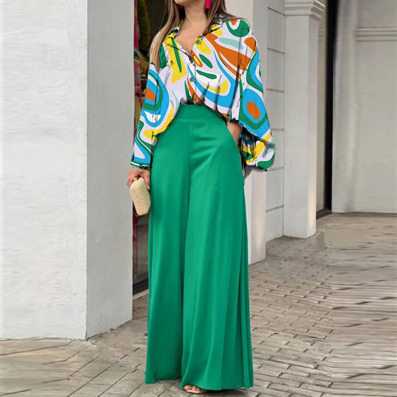 Loose & Printed Blouse and Coordinating Wide Leg Solid Color Pants Set Yellow Green CJ Dropshipping Loose Blouse and Pants Set