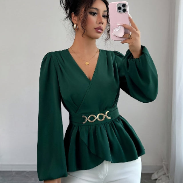 Dark Green V-Neck Long Bishop Sleeve Peplum Blouse