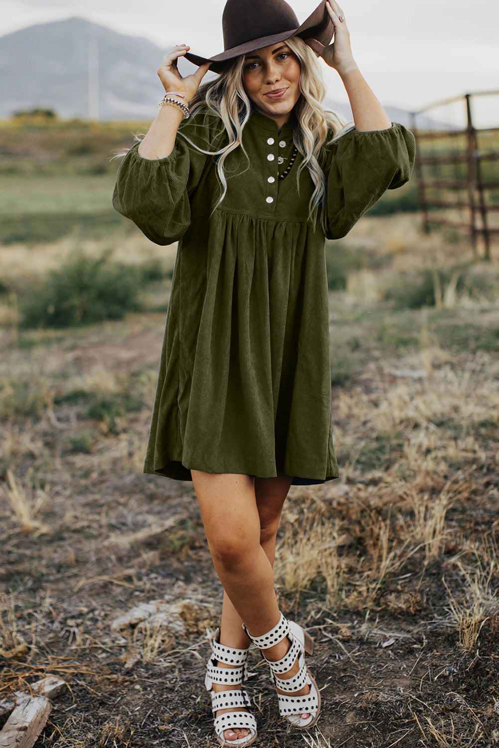 Green Corduroy Empire Waist Dress