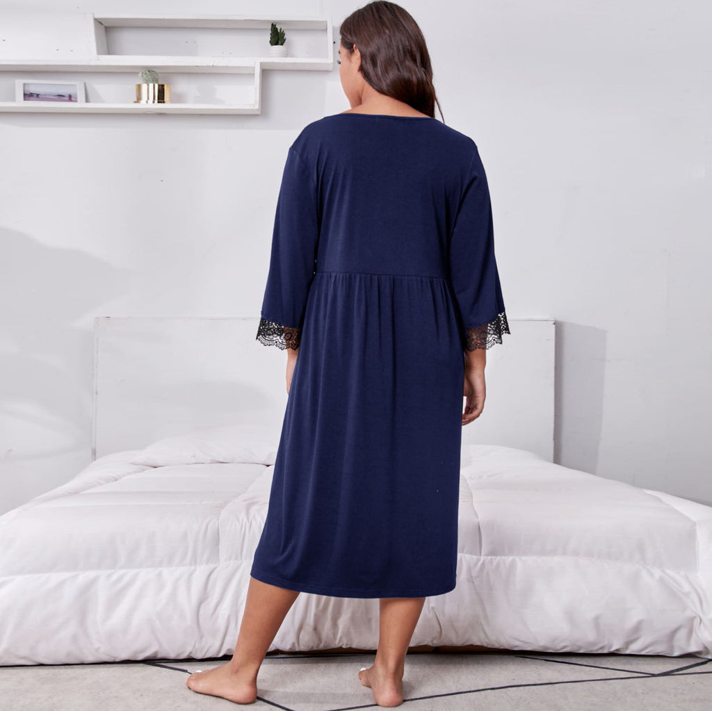 Plus Size Navy Three-quarter Sleeve Lace Nightgown CJ Dropshipping Navy Night Gown