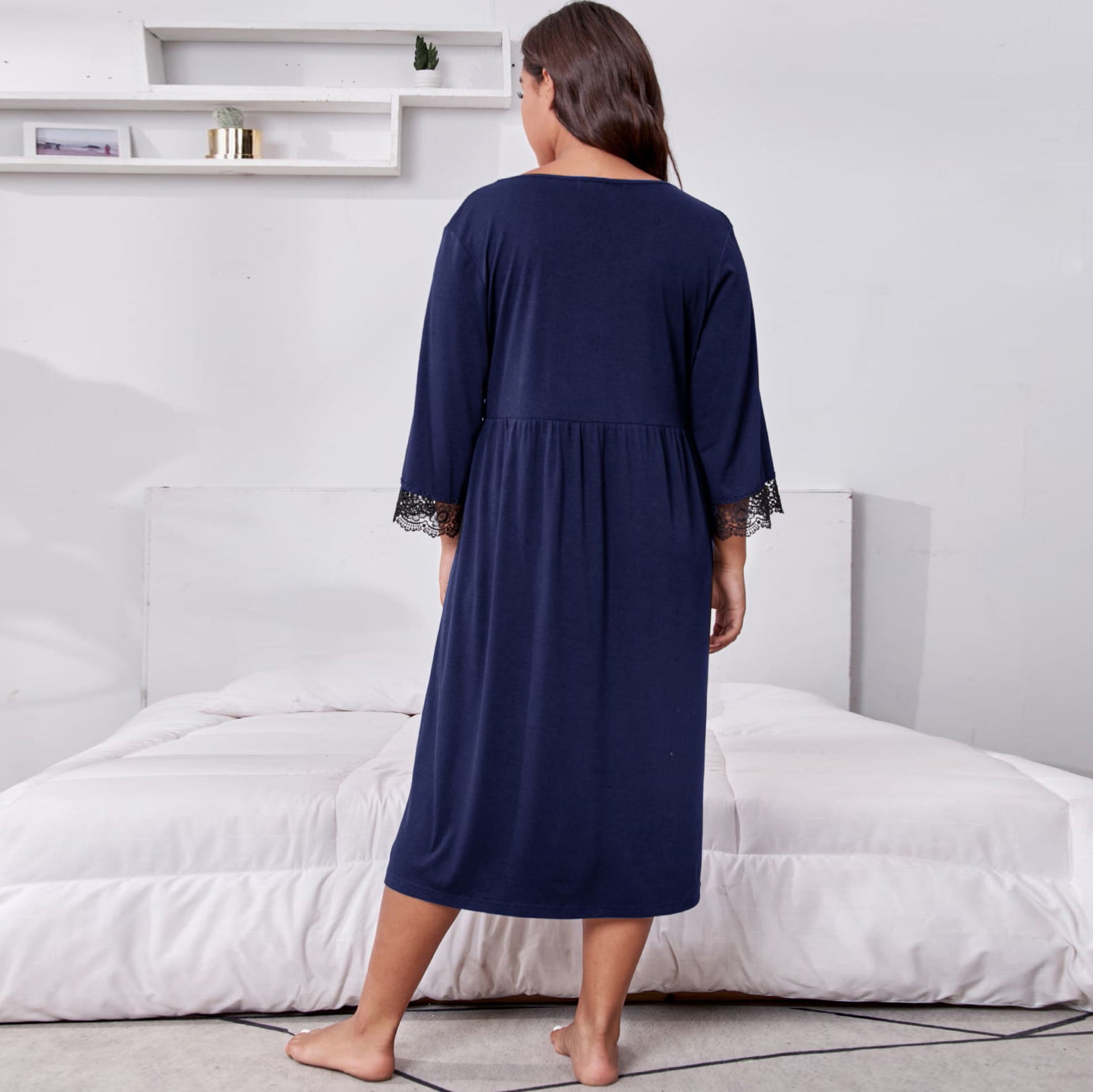 Plus Size Navy Three-quarter Sleeve Lace Nightgown CJ Dropshipping Navy Night Gown