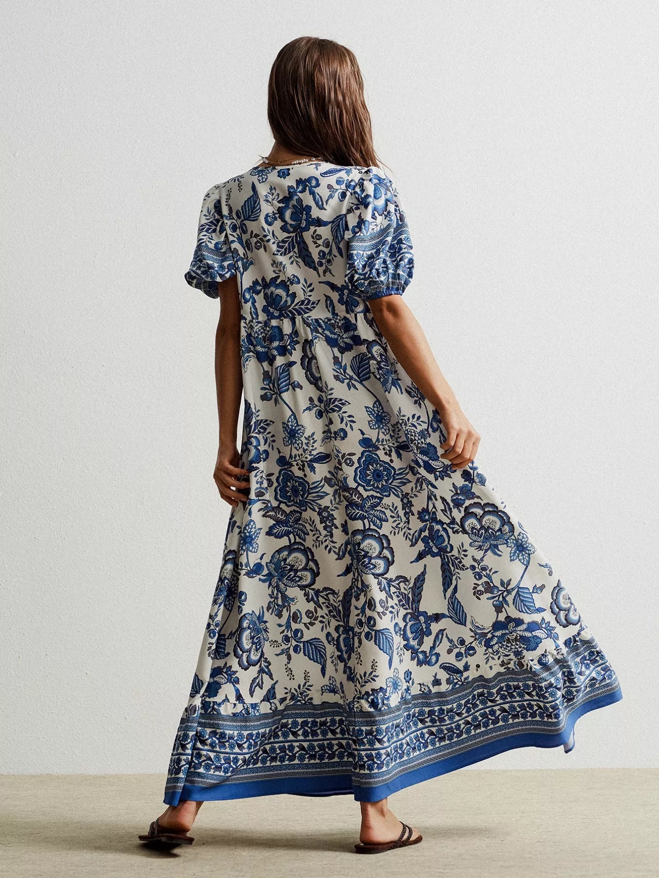 Blue Floral V-Neck Puff Half Sleeve Maxi Bazaare Mart Floral Print Tie-Neck Puff Sleeve Maxi Dress