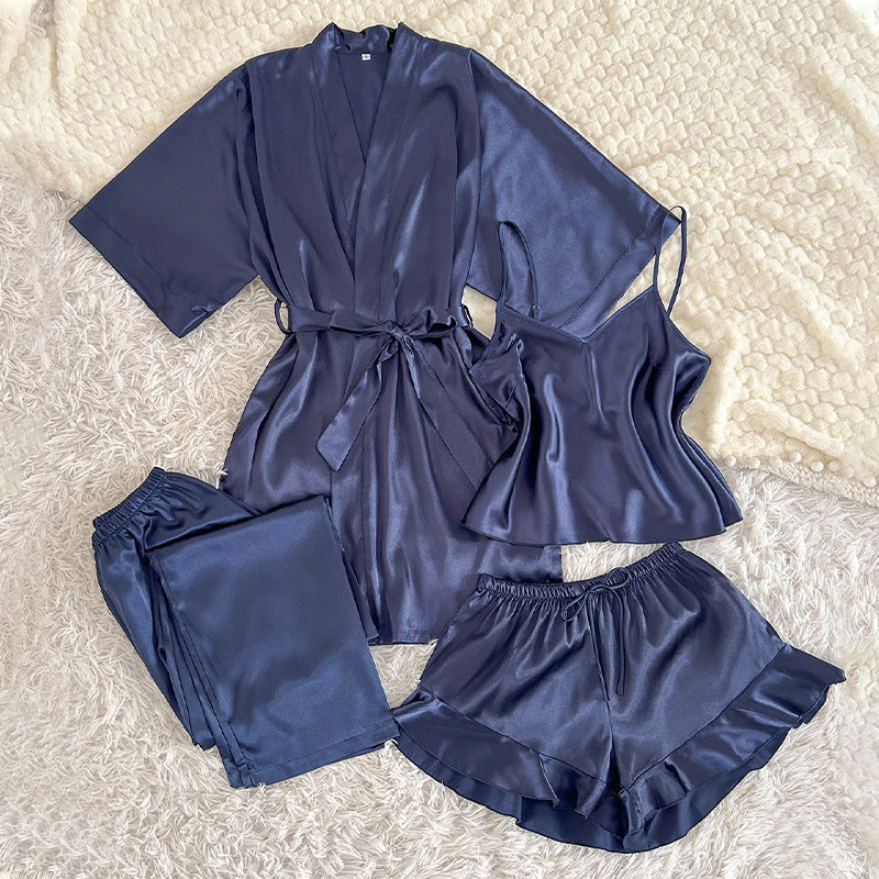 Silky 4-Piece Pajama Set for Women – Satin Cami, Robe, Shorts & Pants Sleepwear Set CJ Dropshipping Four-piece PJ Set