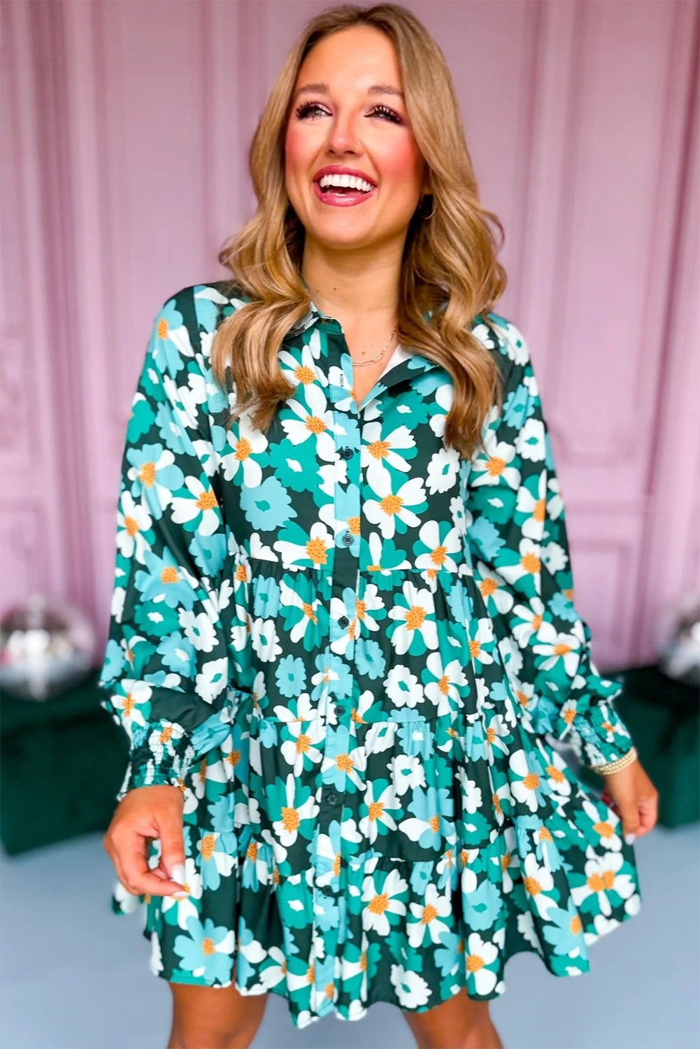 Green Floral Long Sleeve Shirt Dress