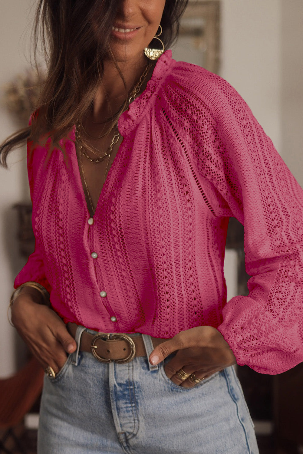 Sheer Plus Size Button Up Long Sleeve Blouse