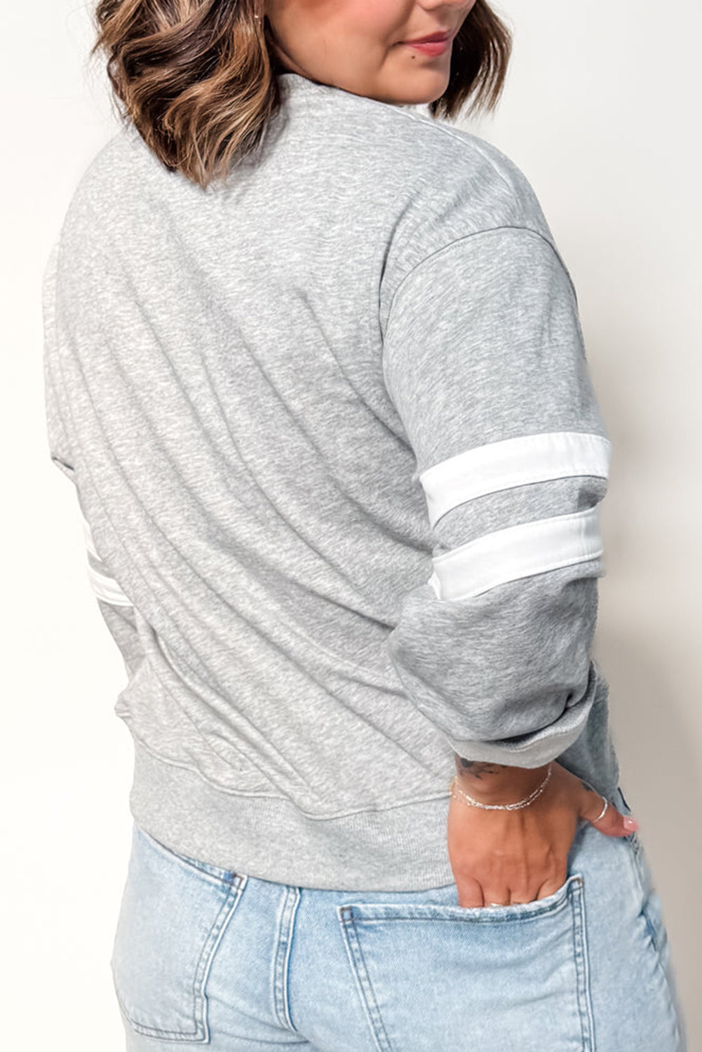 Varsity Striped Detail Crew Neck Plus Sweatshirt Bazaare Mart Plus Size/Plus Size Sweatshirts & Hoodies
