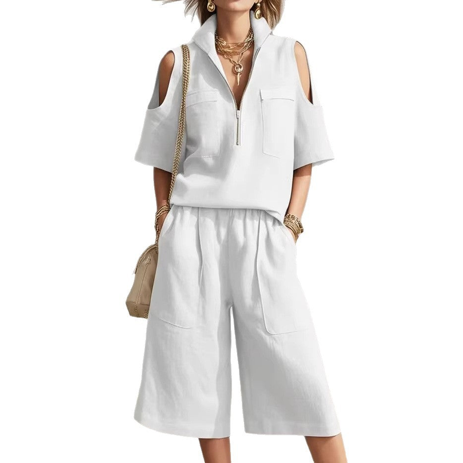 Women’s Cold Shoulder Half-Zip Top & Loose Gaucho Pants Set – Casual 2-Piece Outfit Plus Size CJ Dropshipping 2pc Cold Shoulder Camp Shirt and Gaucho