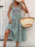 Smocked Striped Square Neck Midi Dress Dark Green Trendsi Striped Square Neck Midi Dress