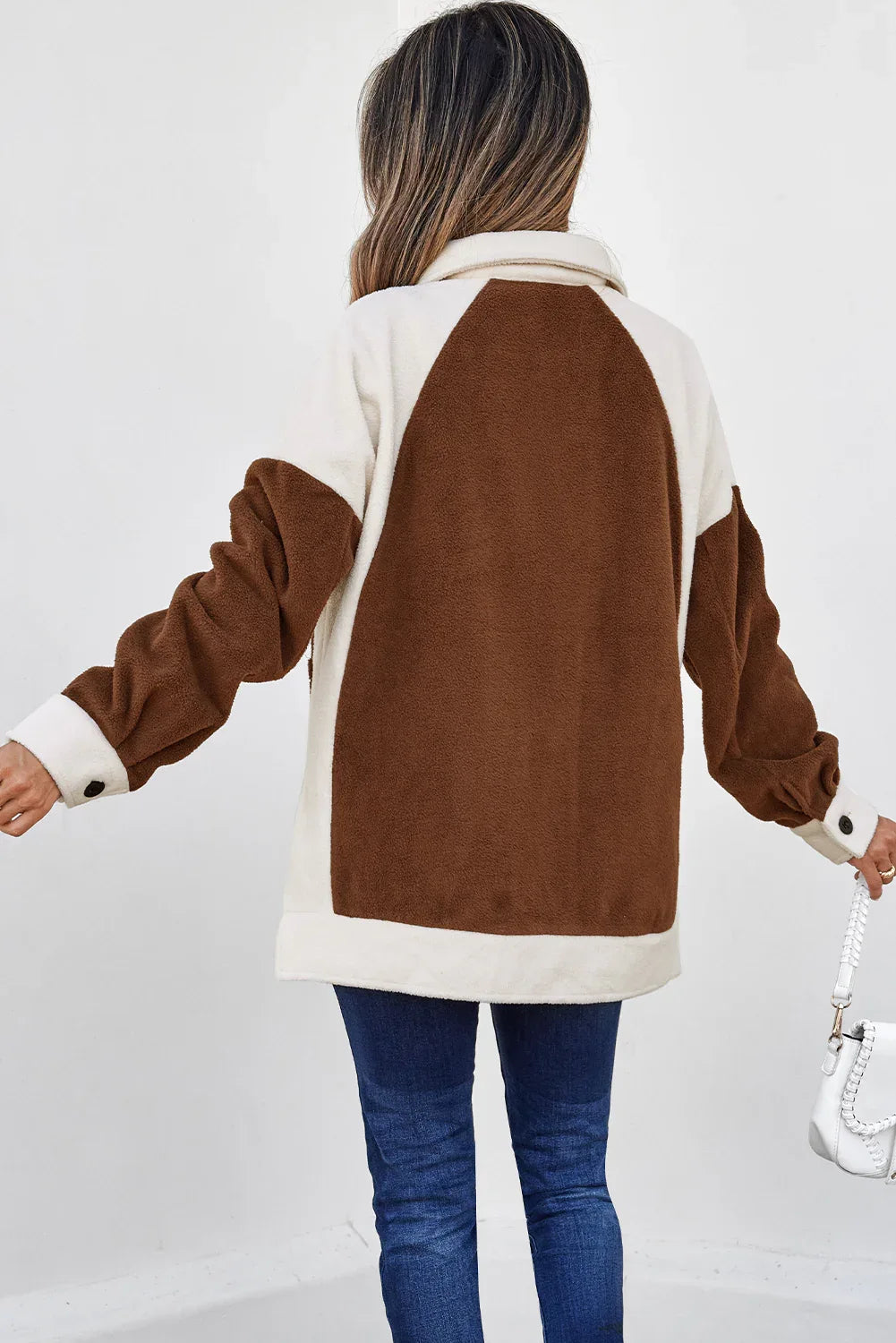 Brown Colorblock Button Down Fleece Shacket Bazaare Mart Outerwear/Jackets