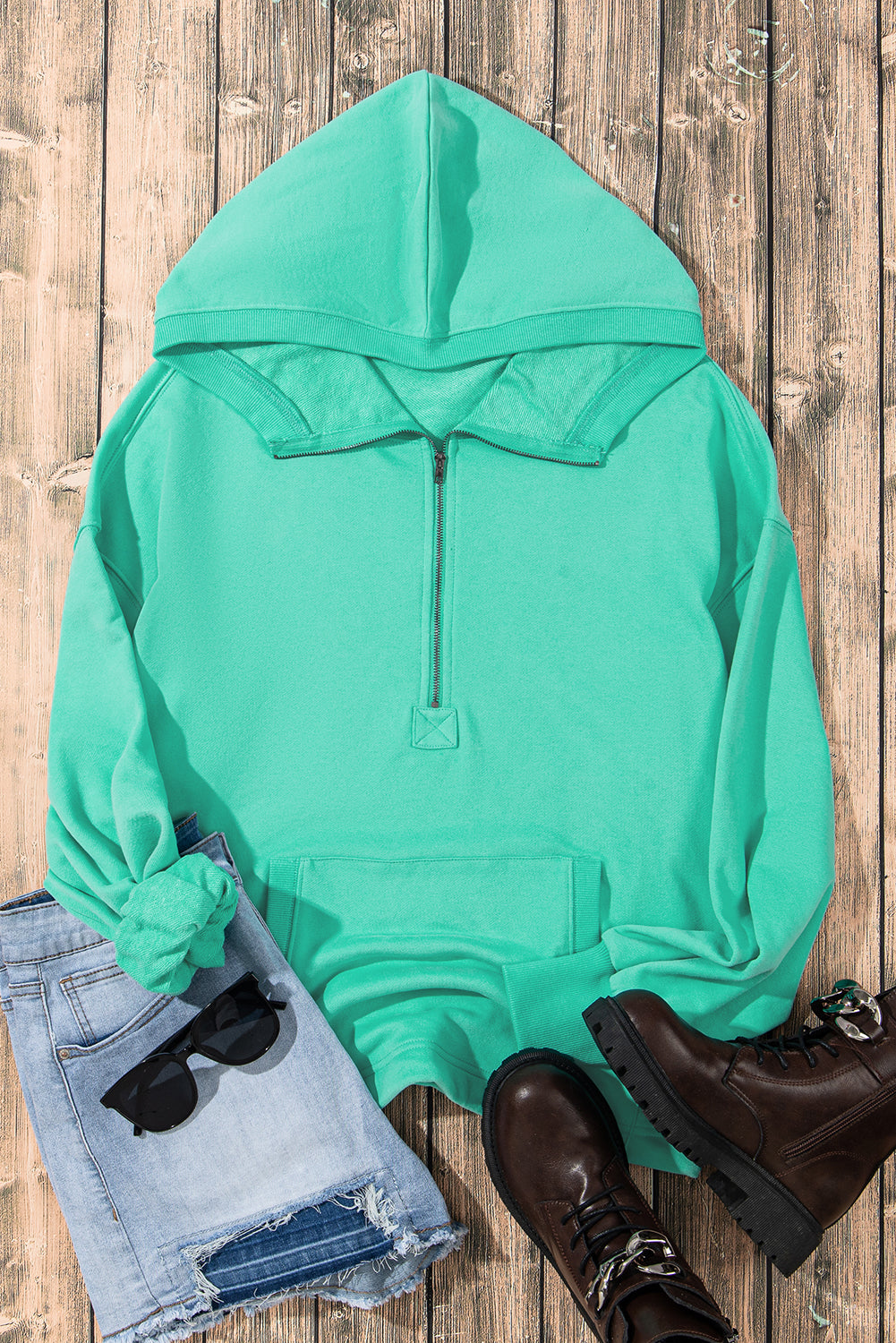 Teal Half Zipper Oversized Hoodie