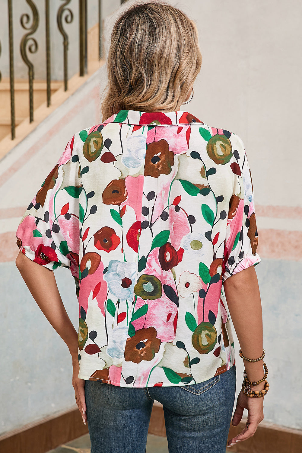 Colorful Floral Print Boho Pop of Color Neckline Blouse Shewin Blouses