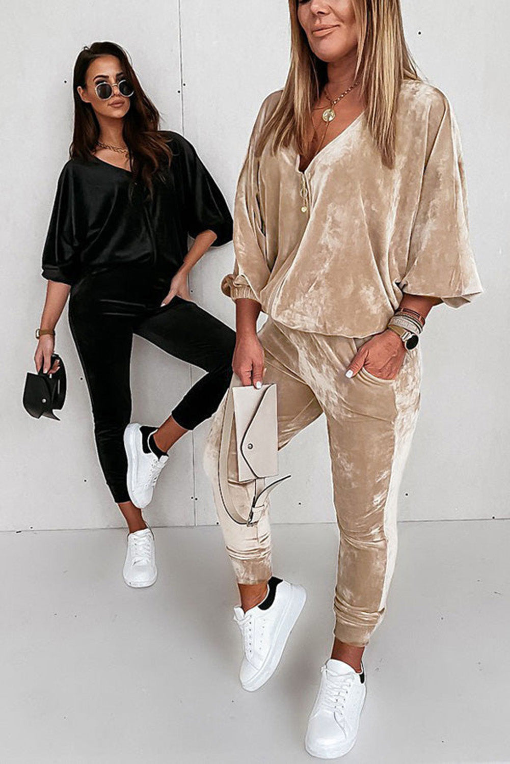 Beige Velvet Zipped Top and Joggers Two Piece Set