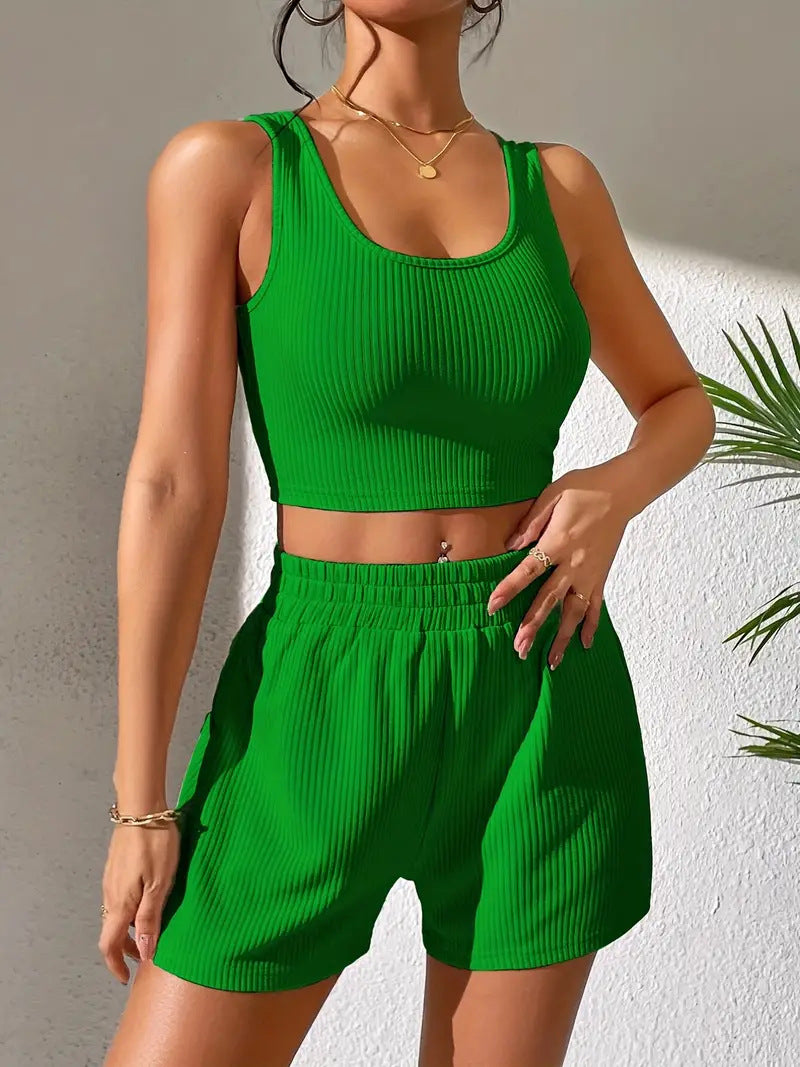 Casual Ribbed Solid Color Aerobics Set Emerald Green CJ Dropshipping Solid Color Workout Shorts Set
