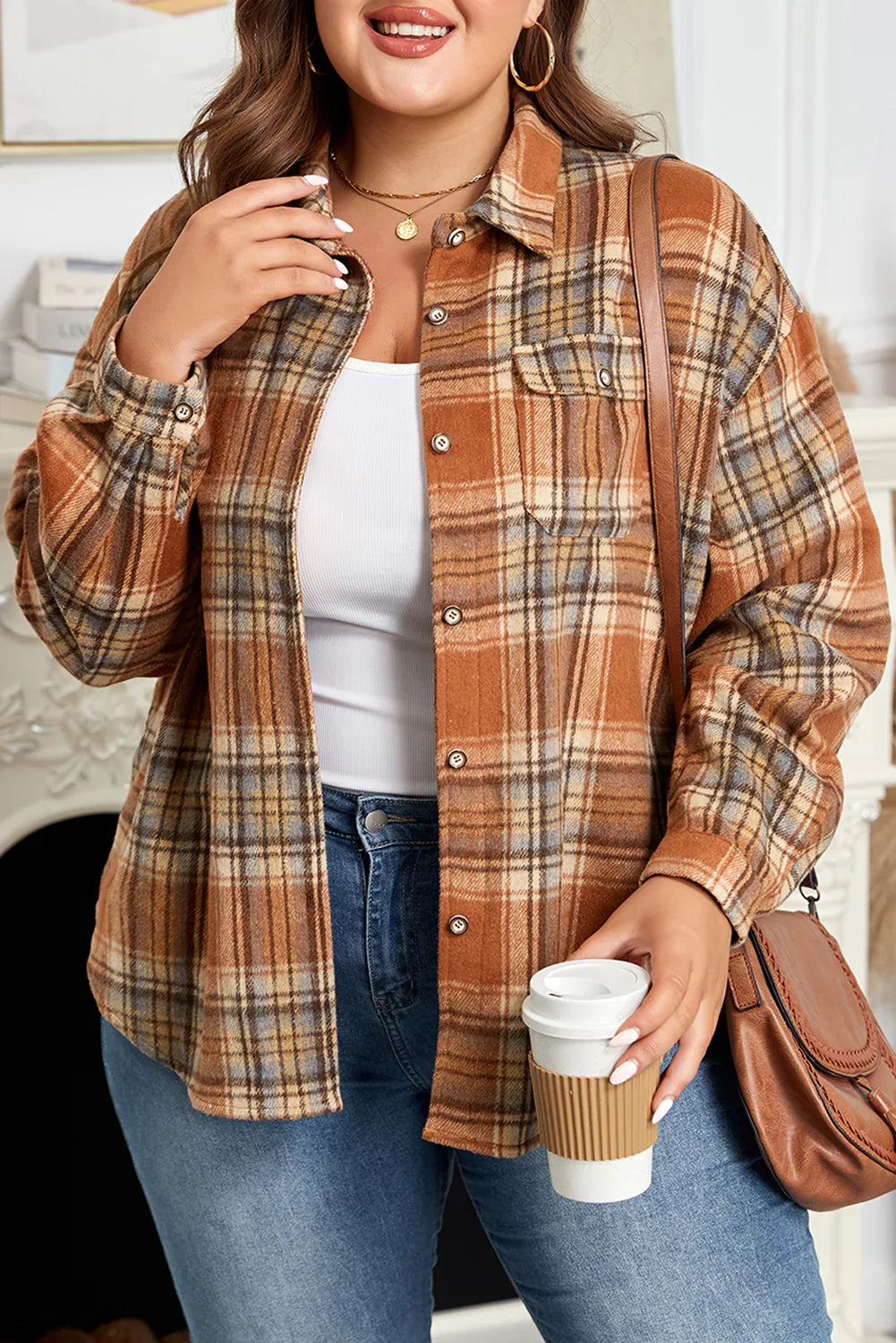 Brown Plaid Flap Pocket Button Up Shacket Bazaare Mart Plus Size/Plus Size Outerwear