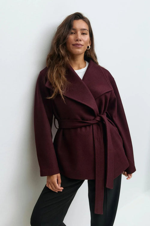 Classic Wrap Wool Coat Wine Red Bazaare Mart Wool Sash Tie Jacket