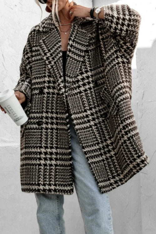 Baggy Plaid Houndstooth Coat Bazaare Mart Houndstooth Collared Neck Long Sleeve Coat