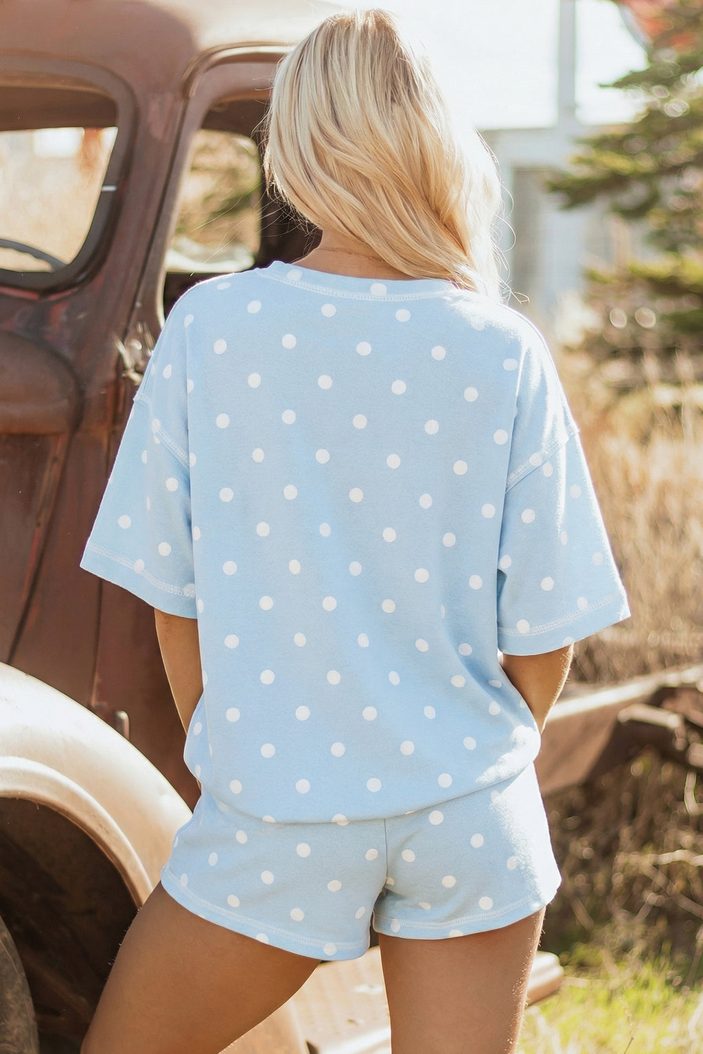 Women’s Polka Dot Shorts Set – Exposed Seam Tee & Drawstring Shorts Outfit Dear-Lover Dropshipping Two Piece Sets/Short Sets