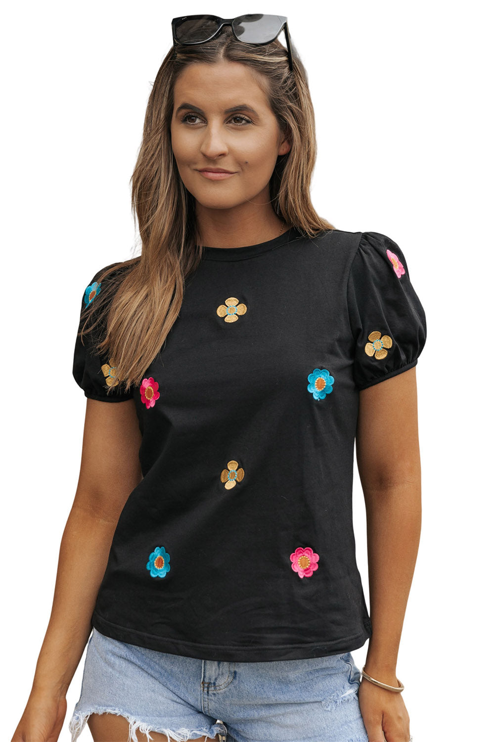 Plus Size Flower Embroidered Puff Sleeve Top