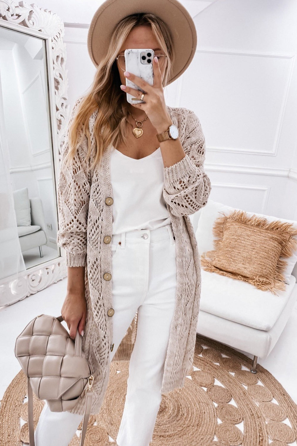 Khaki Openwork Knit Long Cardigan