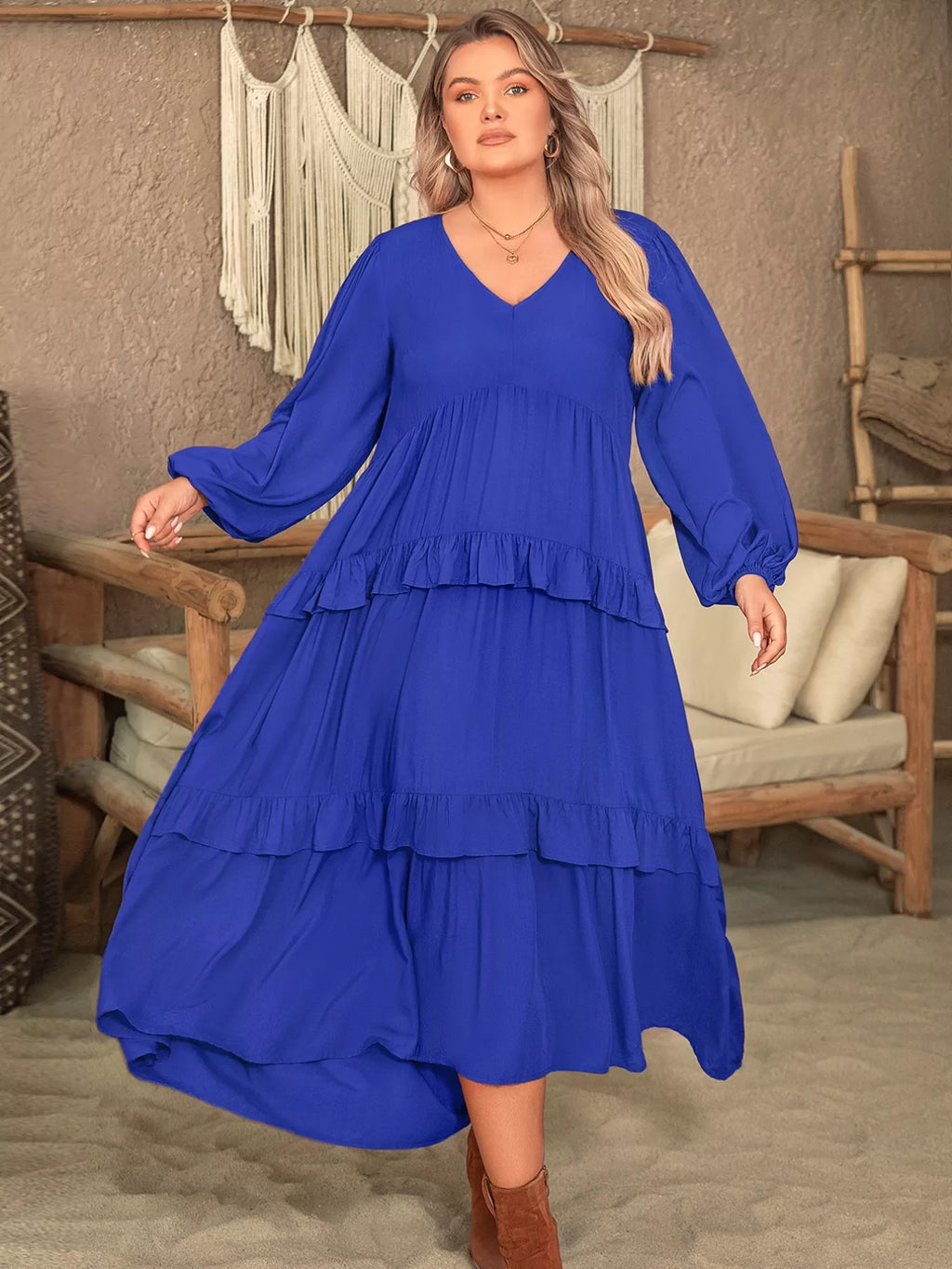 Royal Plus Size Long Balloon Sleeve Ruffle Tiered Flowy Dress Bazaare Mart Balloon Sleeve Ruffle Tiered Midi Dress