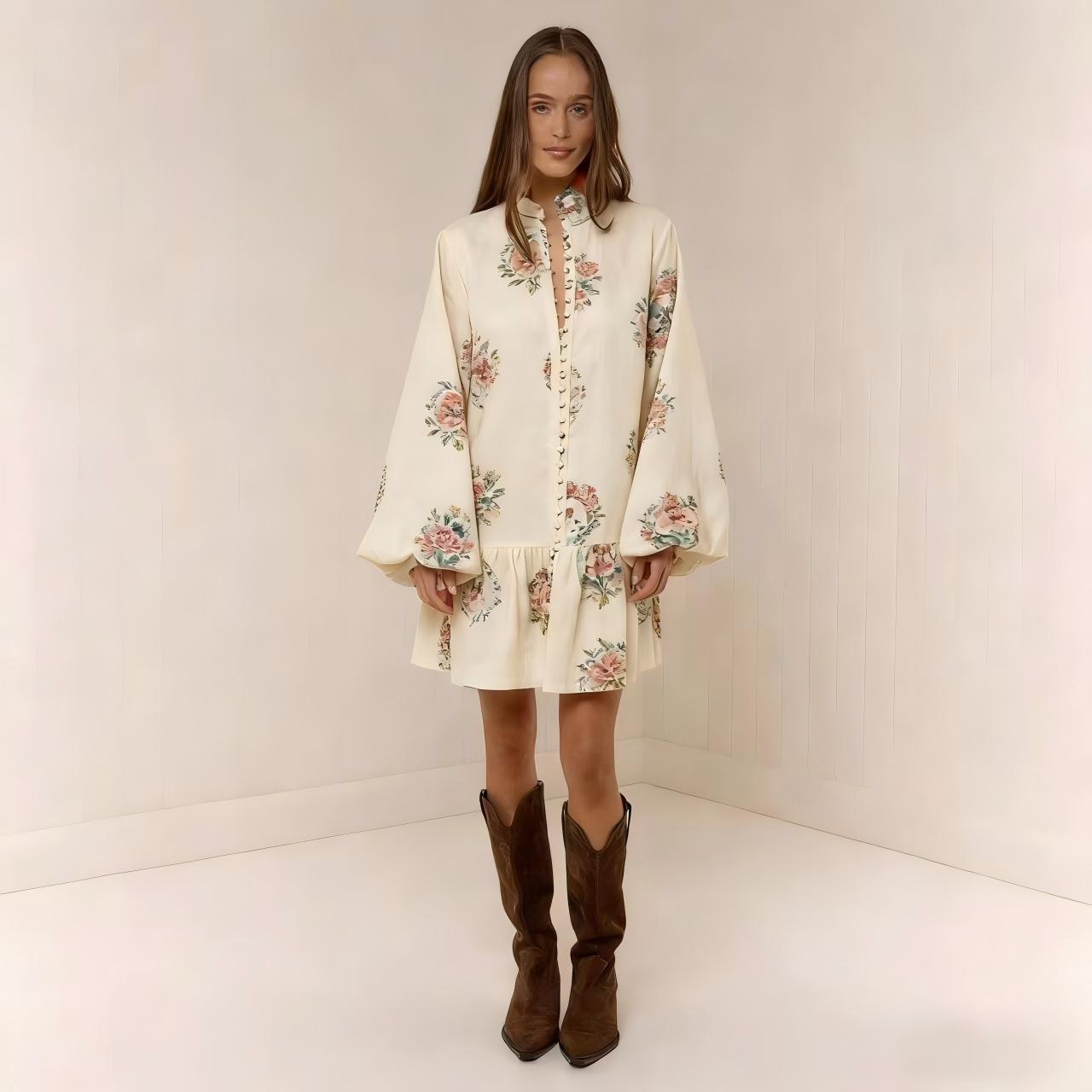 Floral Print Lantern Sleeve Mini Dress Milky White CJ Dropshipping Floral Long Sleeve Mini Dress