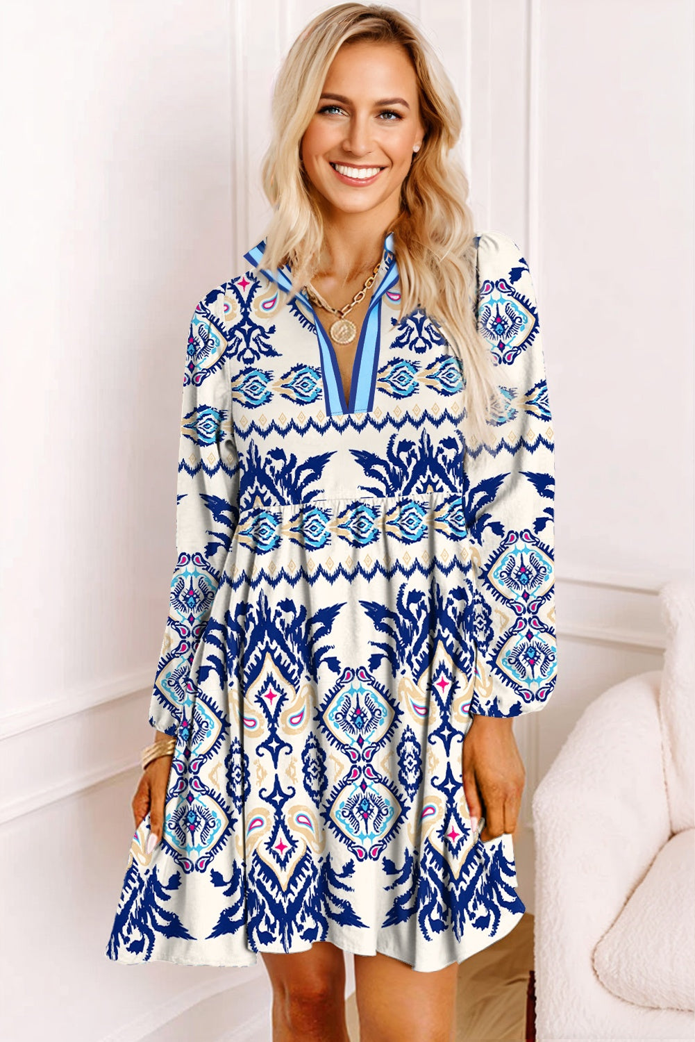 Blue Ethnic Print Mini Dress – Striped Split Neck Long Sleeve Flowy Dress Dear-Lover Dropshipping Dresses/Mini Dresses