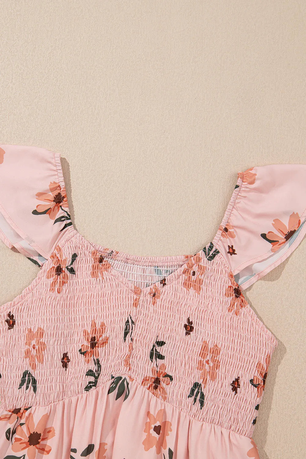 Pink Floral V Neck Smocked High Waist Ruffle Hem Maxi Dress Shewin Maxi Dresses