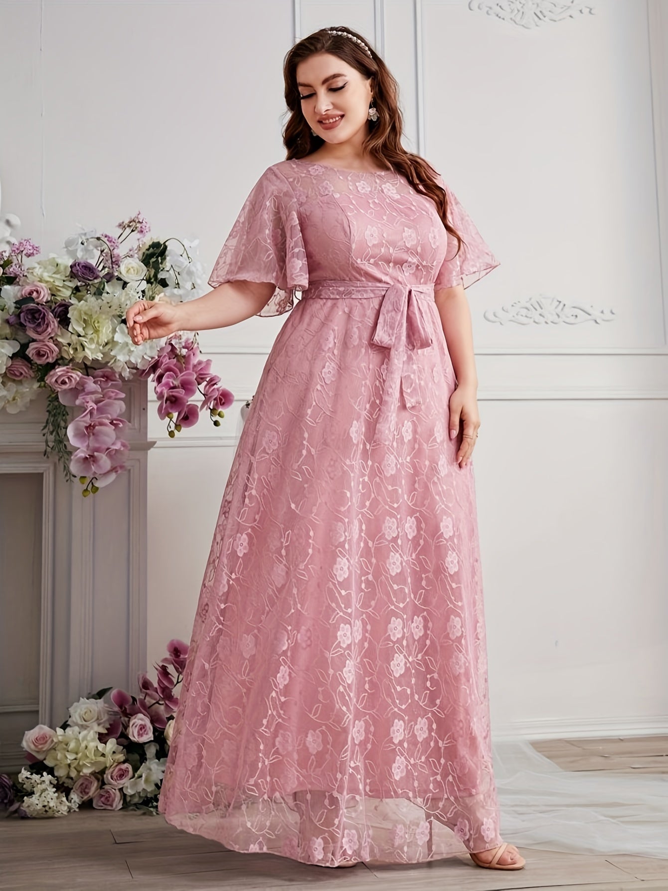 Elegant High Waist Lace Round Neck Half Flutter Sleeve Solid Color Formal Floor Length Dress