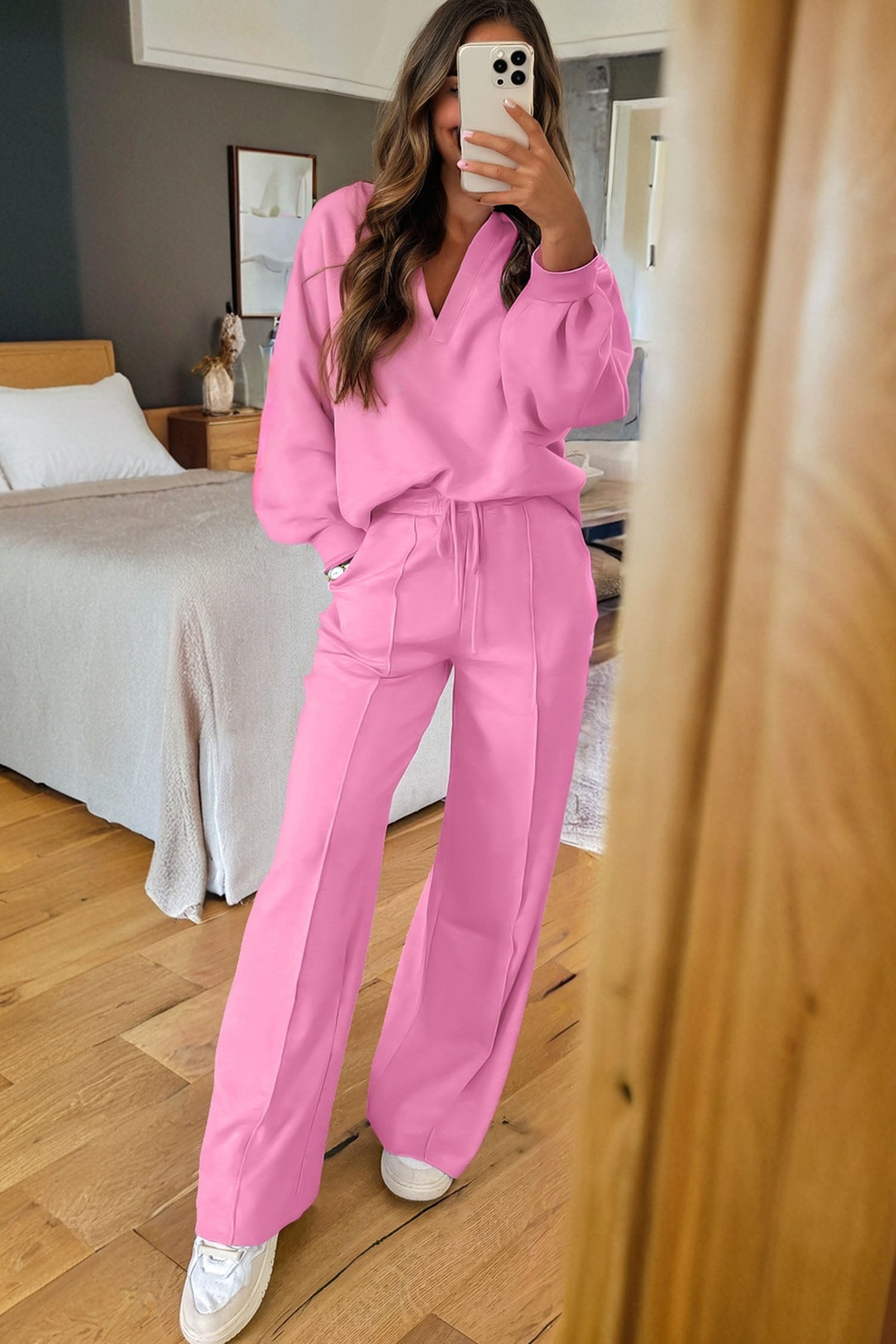 Polo Collar V Neck Pullover and Drawstring Sweatpants Set Bazaare Mart Two Piece Sets/Pant Sets