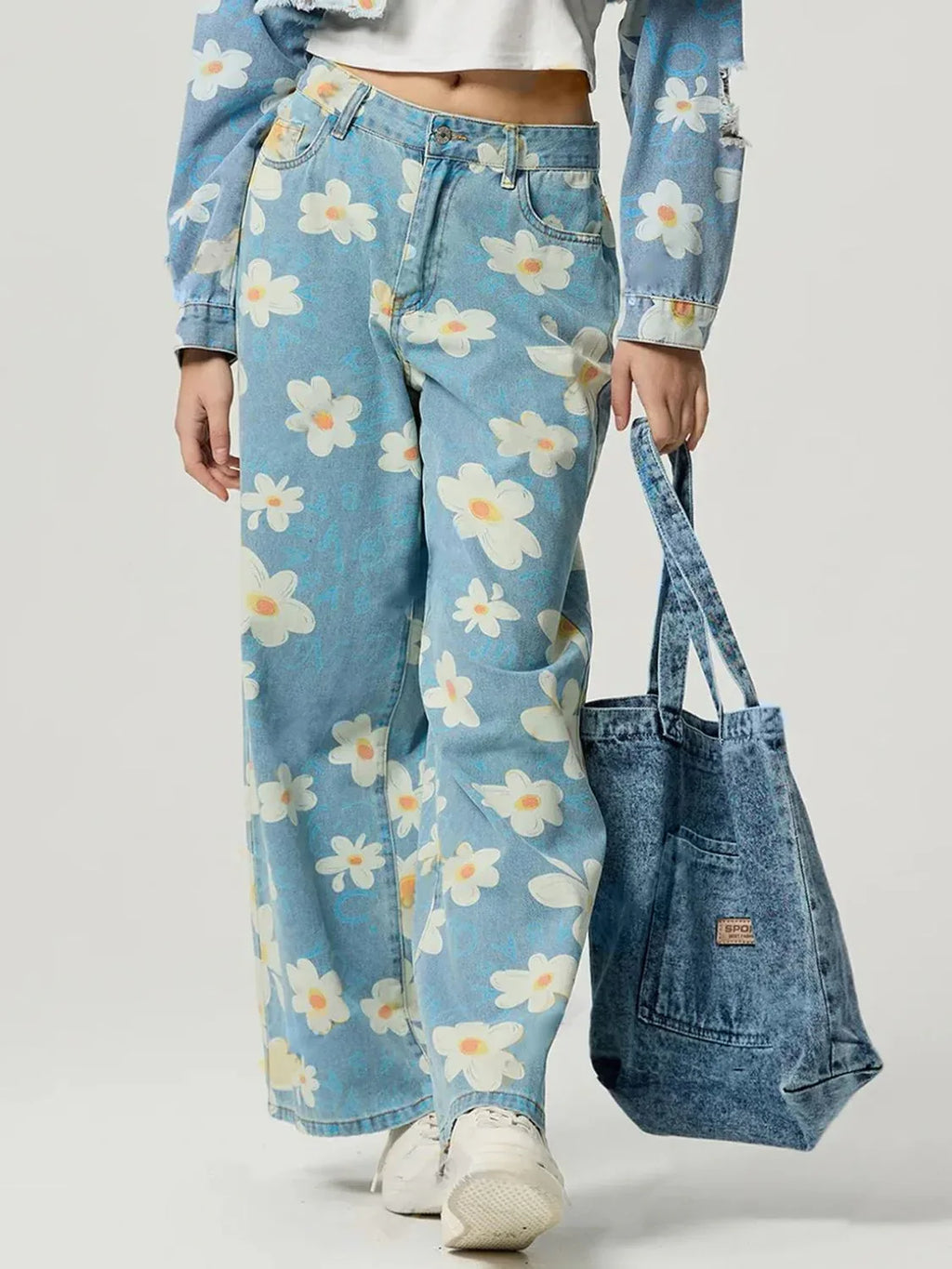 Pocketed Floral Wide Leg Jeans Bazarre Mart Flower Pants