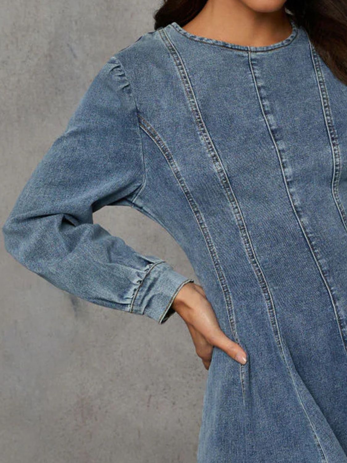 Back Zip Round Neck Long Sleeve Denim Dress