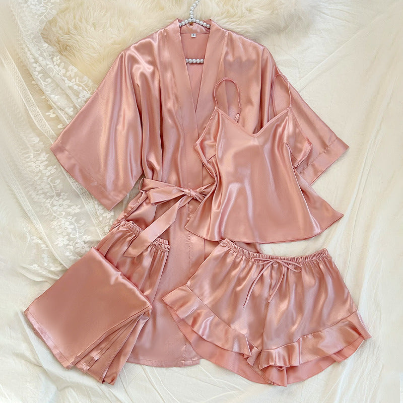 Silky 4-Piece Pajama Set for Women – Satin Cami, Robe, Shorts & Pants Sleepwear Set CJ Dropshipping Four-piece PJ Set