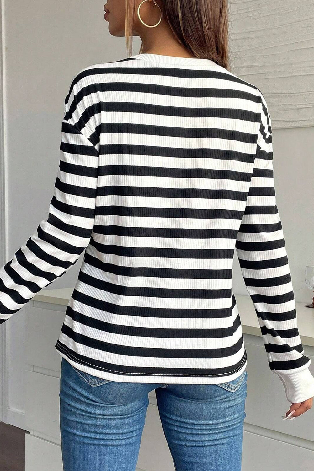 B&W Striped Floral Applique Long Sleeve Top