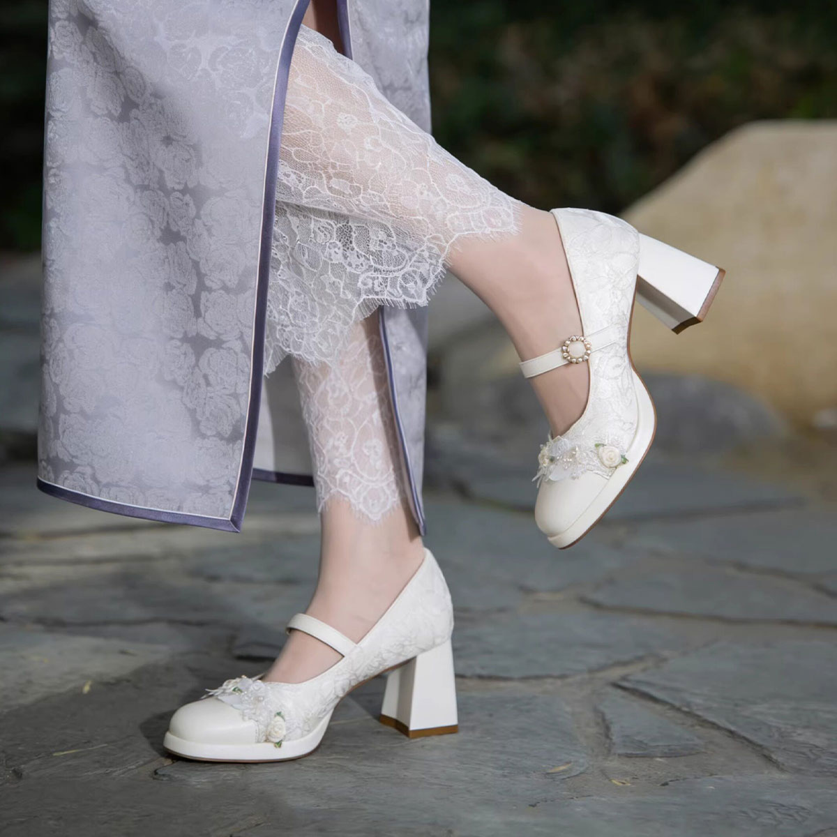 Lace Mary Jane Platform Heels – Pearl Bow Bridal Pumps | Retro Jacquard High Heels CJ Dropshipping Fancy Heeled Floral Mary Jane
